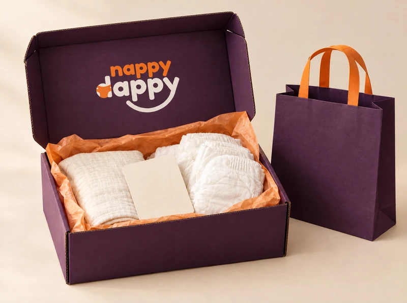 A purple Nappy Dappy box with orange paper, soft fabric and a matching gift bag